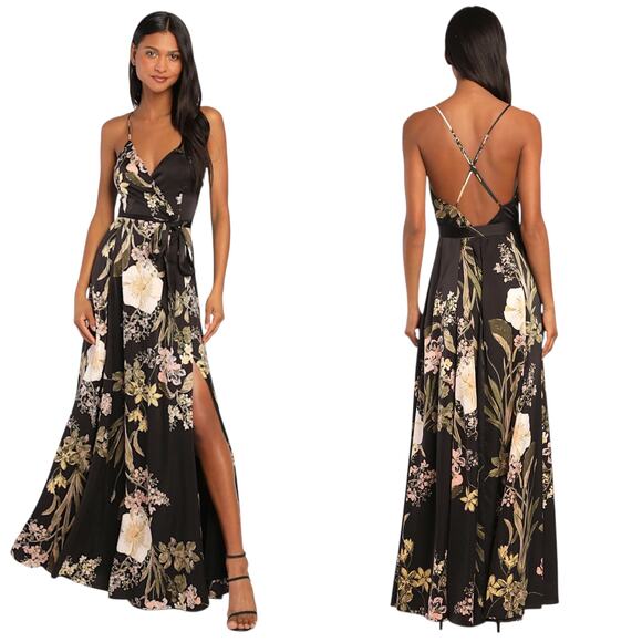 Lulus Still the One Black Floral Print Satin Maxi Dress size Small NWT - Picture 1 of 6